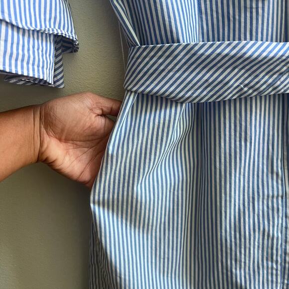 TALBOTS Cotton Blue and White Striped Flutter Sleeve Tie Waist Dress 4P Nautical - Picture 6 of 7